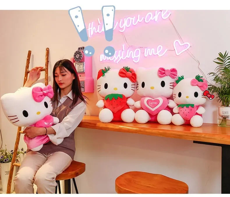 22cm Sanrio Hello Kitty Plush – Kawaii Strawberry KT Cat Stuffed Doll Plushie Gift for Girls & Home Decor