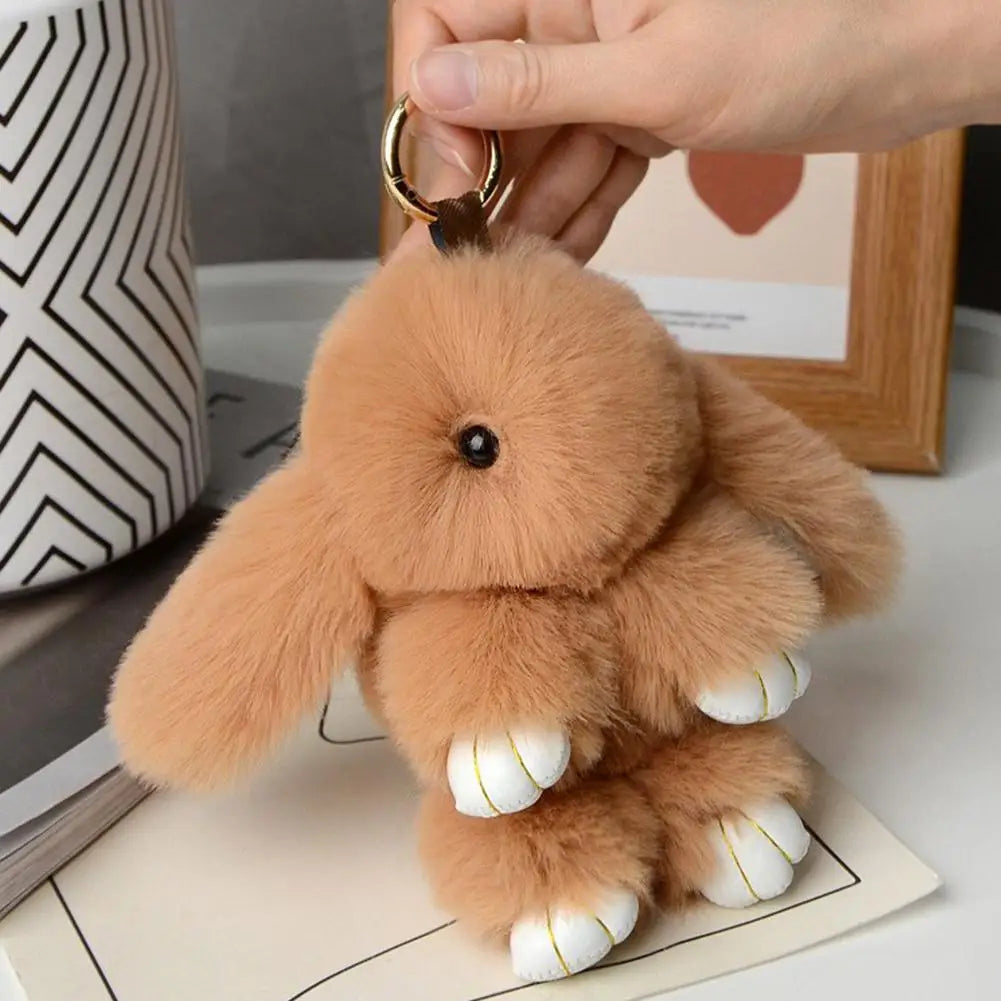 Cute Long Ear Bunny Keychain – Real Mink Fur Rabbit Doll Charm with Pompom Pendant – Bag & Car Accessories Gift