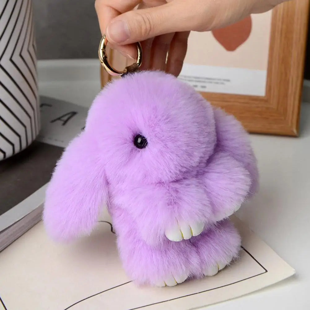 Cute Long Ear Bunny Keychain – Real Mink Fur Rabbit Doll Charm with Pompom Pendant – Bag & Car Accessories Gift